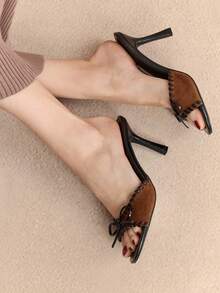 Rosivie Fashionable & Comfortable Bowknot Decor Round Toe Minimalist High Heel Mule Sandals - Brown - View 9