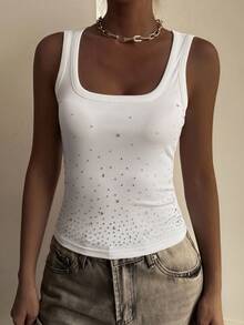 Livesso Women's Summer Round Neck Fitted Rhinestone Embellished Camisole - White - View 7