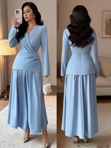 Rafferiza Đầm Maxi Chữ A Tay Dài Cổ Chữ V Xếp Ly Màu Xanh Thanh Lịch Thời Trang Mới, Phù Hợp Cho Tiệc Tốt Nghiệp, Ngày Lễ, Hẹn Hò - Màu xanh lam - Xem 1