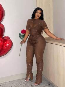 Slaydiva Bộ 2 món tay ngắn phối lưới đen lấp lánh gợi cảm ngày lễ tình nhân Slayr Plus - màu nâu - Xem 4