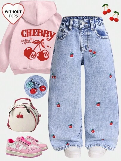 Sparklyn Ljusblå denimjeans för flickor med körsbärsbroderi, hög midja, lösa, raka ben och casualbyxor, modern och åtsittande passform, lämplig för semestrar och vardagliga utflykter