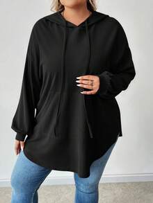 SHEIN CURVE+ 大码纯色连帽抽绳不对称下摆运动衫 - 黑色 - 查看 5