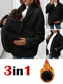 SHEIN Chaqueta de maternidad de unicolor, minimalista, de uso diario, con cremallera y cálida, 3 en 1 - Negro - Ver 1