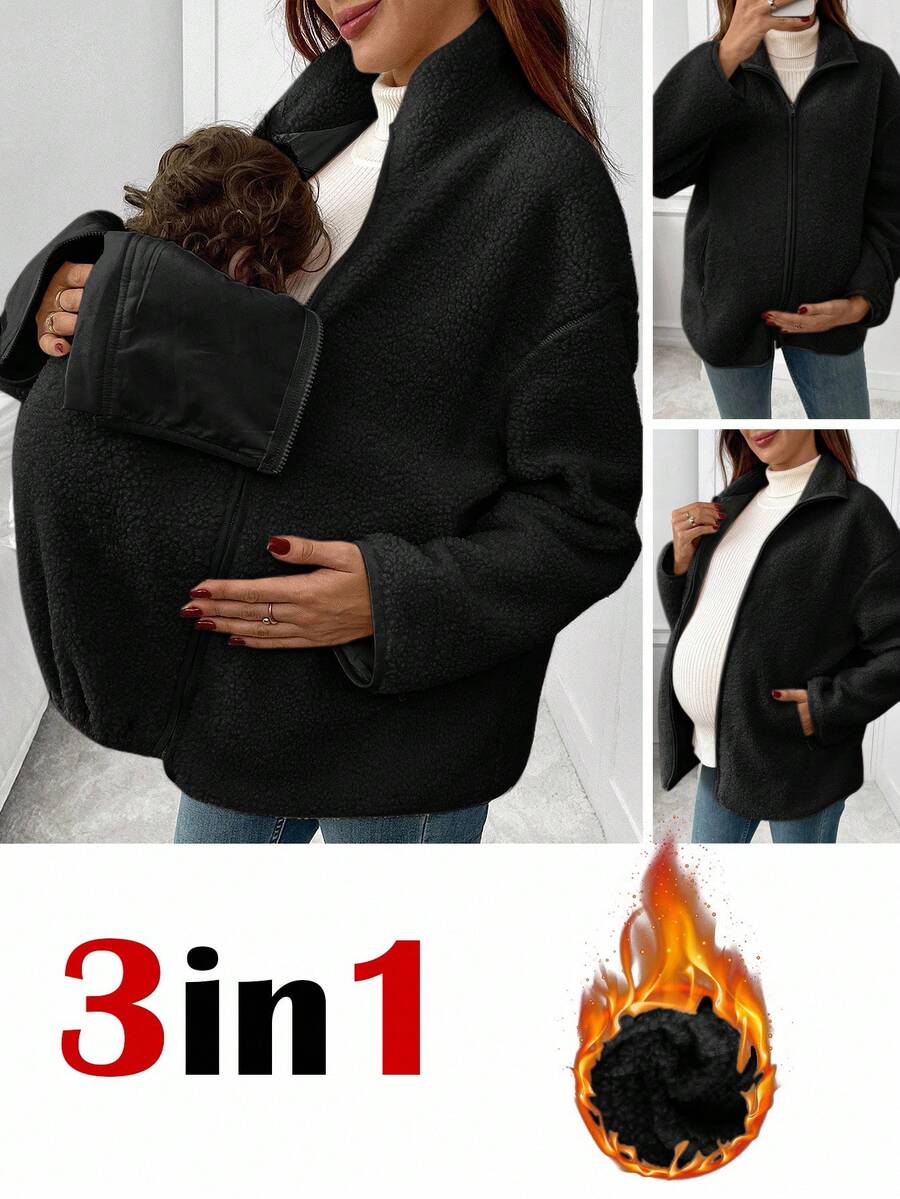 SHEIN Chaqueta de maternidad de unicolor, minimalista, de uso diario, con cremallera y cálida, 3 en 1 - Negro - Ver 1