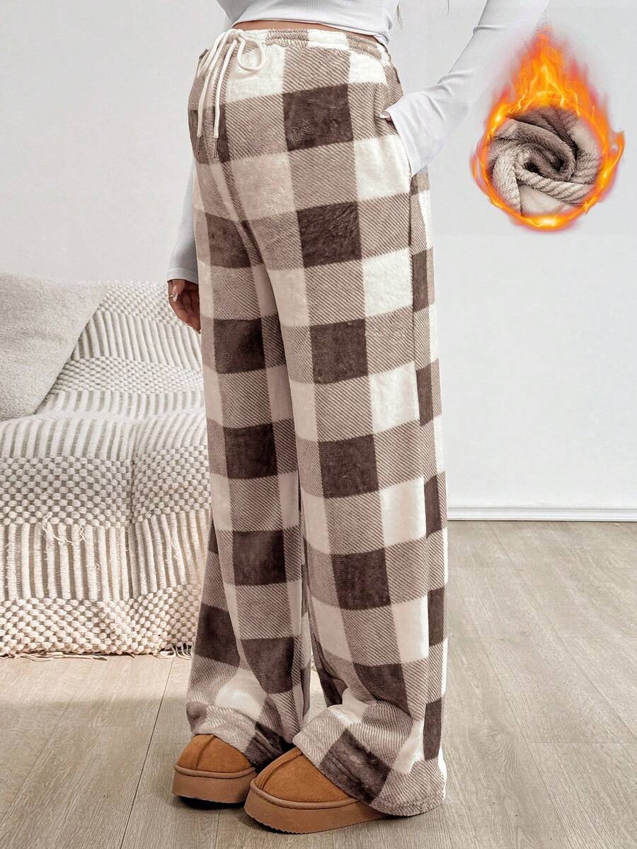 SHEIN Karierte Umstandshose mit Bindeband und Taschen für Schwangere, Herbst/Winter - Schokoladenbraun - Übersicht 1