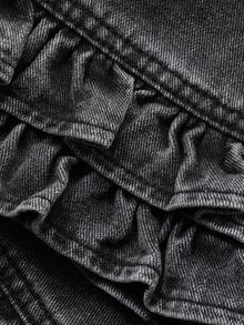 FRIFUL 女士休闲水洗荷叶边阔腿牛仔裤 - 灰色 - 查看 6