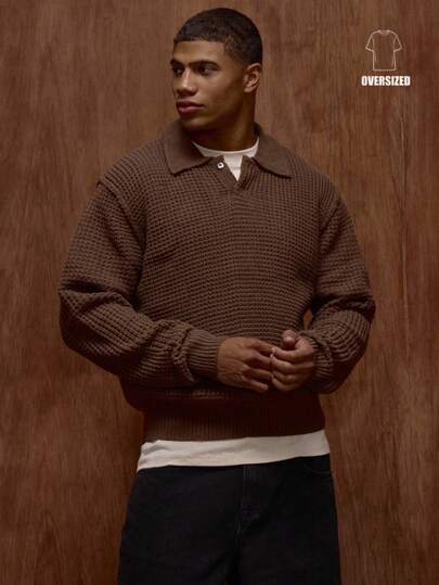 Musero Suéter de manga larga oversize con estilo de punto grueso y detalles de botones en la abertura