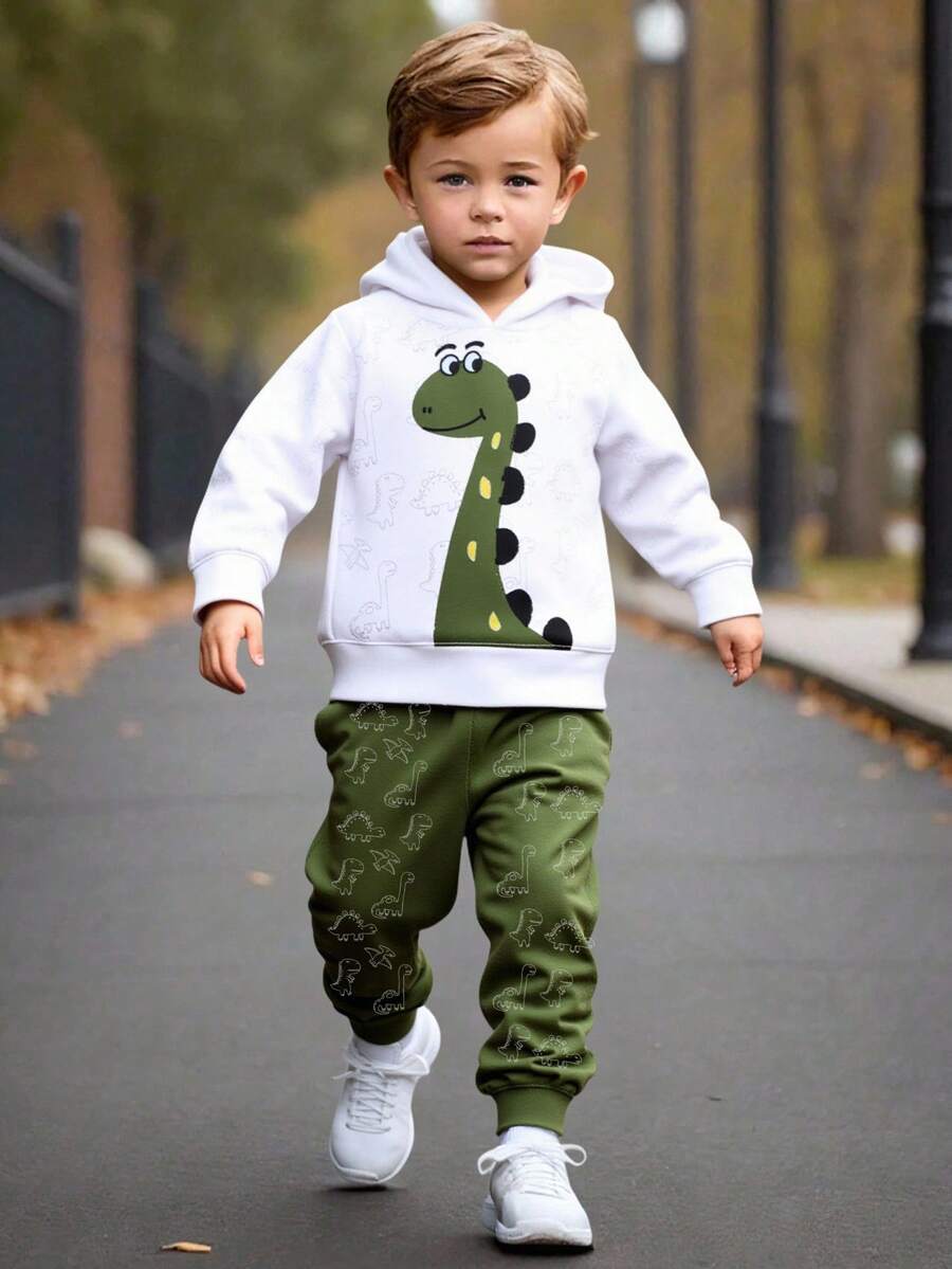 1 套年轻男孩休闲可爱卡通恐龙印花连帽运动衫和恐龙印花运动裤套装，秋冬装 - 彩色 - 查看 1