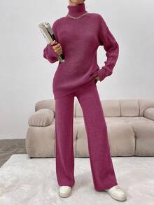 EURMUSE High Neck Drop Shoulder Sweater And Knit Pants Set - Pink - View 6