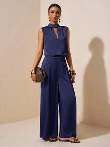 Zivah 2025 Spring/Summer New Music Festival, Easter, St. Patrick's Day, Western, Nomadic, Birthday Party, Graduation, College, Student, Daily Casual, Basic, Leisure, Vacation, Cruise, Beach, Sunbathing, Viral Hit, Streetwear, Wedding Guest Boho, Commute, Brunch, Airport Outfit 2 Pieces Set: Satin-Faced Acetate Linen-Like Mock Neck Ruched Sleeveless Top And Suit Pants - Navy Blue - View 7