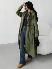 SHEIN Teens Girls' Loose Casual Minimalist Comfortable Hooded Thermal Lined Warm Cinched Waist Long Jacket