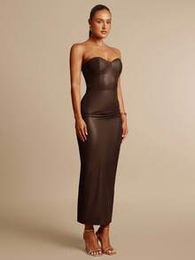 Silquee 女士纯色褶皱修身优雅露肩连衣裙 - 咖啡棕 - 查看 7