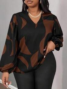 Slaydiva Plus Size Casual Commuter V-Neck Long Sleeve Loose Printed Shirt, Autumn Fall - Chocolate Brown - View 1
