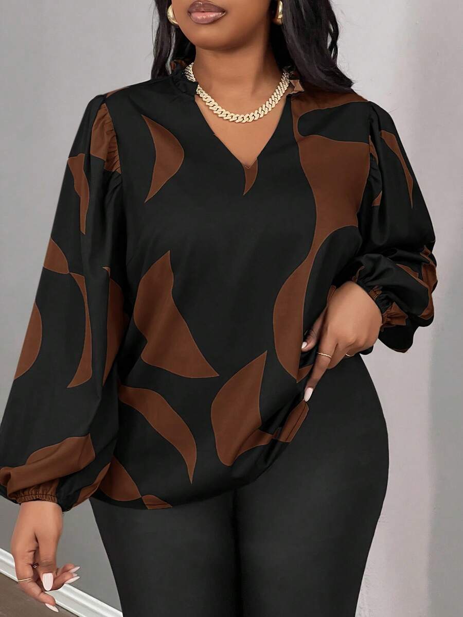 Slaydiva Plus Size Casual Commuter V-Neck Long Sleeve Loose Printed Shirt, Autumn Fall - Chocolate Brown - View 1