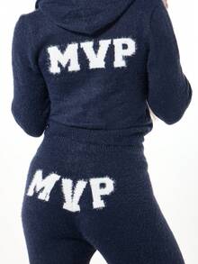 SUMWON WOMEN 毛茸茸的暖腿针织休闲裤冬季舒适裤 MVP 标志刻字柔软毛绒休闲裤秋季假日裤 - 藍色 - 查看 3
