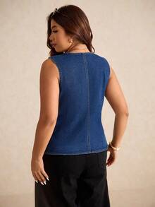 Elaquor Plus Size Dark Blue Denim Top Sleeveless Square Collar Vest Metal Buckle Decoration Elegant French Style Comfortable Stretch Denim