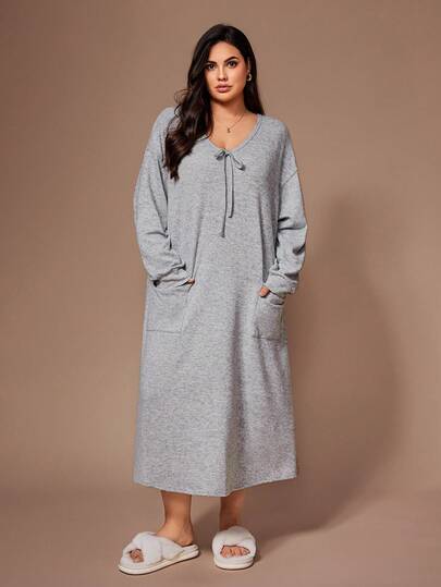 Lazeform 大码柔软亲肤休闲双口袋蝴蝶结睡衣睡袍，秋冬季，宽松睡裙