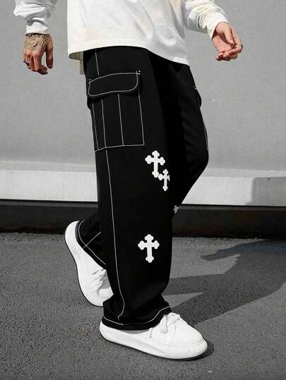 SHEIN Pantalones anchos de pierna ancha con bolsillo de carga y costuras de contraste para niño preadolescente, adecuados para uso casual, deportivo, escolar y versátil de moda