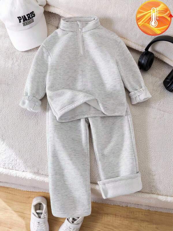 SHEIN Playful Pals 2 pièces Sweat-shirt tricoté pour jeune fille, Top sweat-shirt zippé à demi-fermeture en polaire simple face, ensemble 2 pièces gris clair classique polyvalent et décontracté