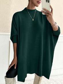 Women Solid Color Mock Neck Half Sleeve Oversize Pullover - Dark Green - View 3