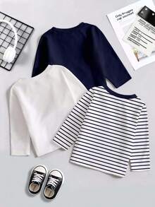 3件套男婴时尚简约骑士马图案海军蓝、白色、海军蓝白条纹圆领柔软针织长袖T恤，婴儿及服装，上衣，T恤，3件套，适合春、秋、冬三季，适合运动、休闲、居家穿着，简约风格，6个月-3岁男婴上衣，男婴长袖T恤，男婴长袖T恤 - 彩色 - 查看 2