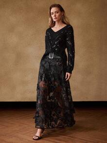 MOTF PREMIUM WINTER SEQUIN POINTELLE KNIT V NECK SWEATER - Black - View 6