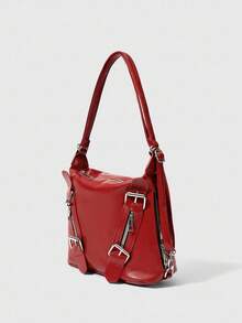 SHEIN BAE 2024 Spring New Ankola Red Versatile Casual Large-Capacity Minimalist Retro Belt Unique Design Texture Shoulder Diagonal Crossbody Tote Bag, Suitable For Office, School, And Travel - Red - View 2