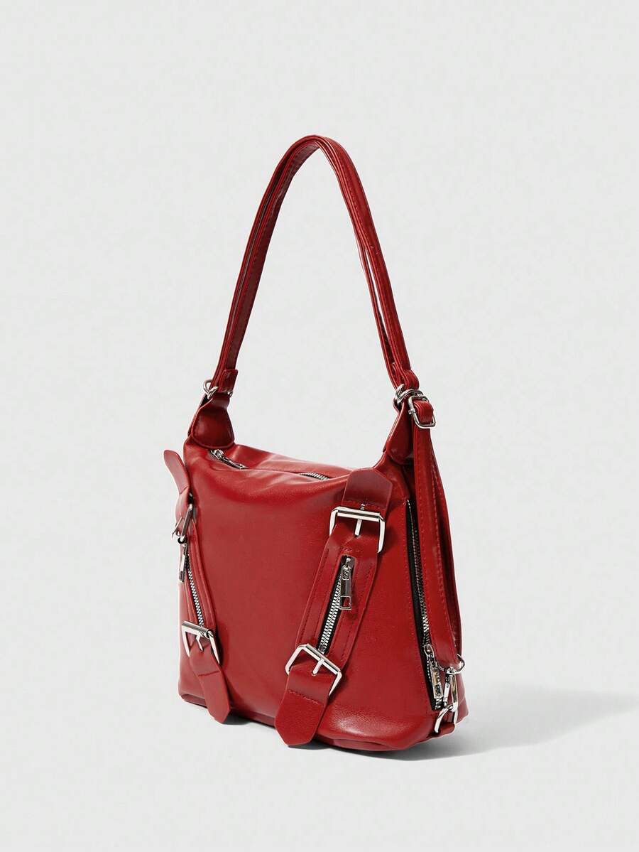 SHEIN BAE 2024 Spring New Ankola Red Versatile Casual Large-Capacity Minimalist Retro Belt Unique Design Texture Shoulder Diagonal Crossbody Tote Bag, Suitable For Office, School, And Travel