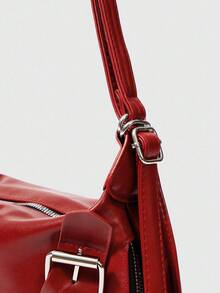 SHEIN BAE 2024 Spring New Ankola Red Versatile Casual Large-Capacity Minimalist Retro Belt Unique Design Texture Shoulder Diagonal Crossbody Tote Bag, Suitable For Office, School, And Travel - Red - View 5
