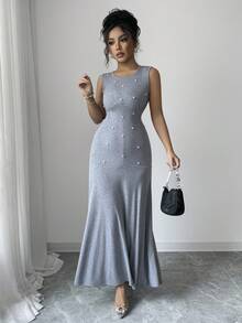 SHEIN Elenzya Women's New Gray Elastic Knit Round Neck Sleeveless Waist Cinched A-Line Fish Tail Hem Fitted Maxi Dress With Handcrafted Pearl Detail, Elegant Casual Versatile Everyday Wear, Minimalist Commute Fashion, Autumn/Winter - Grey - View 5