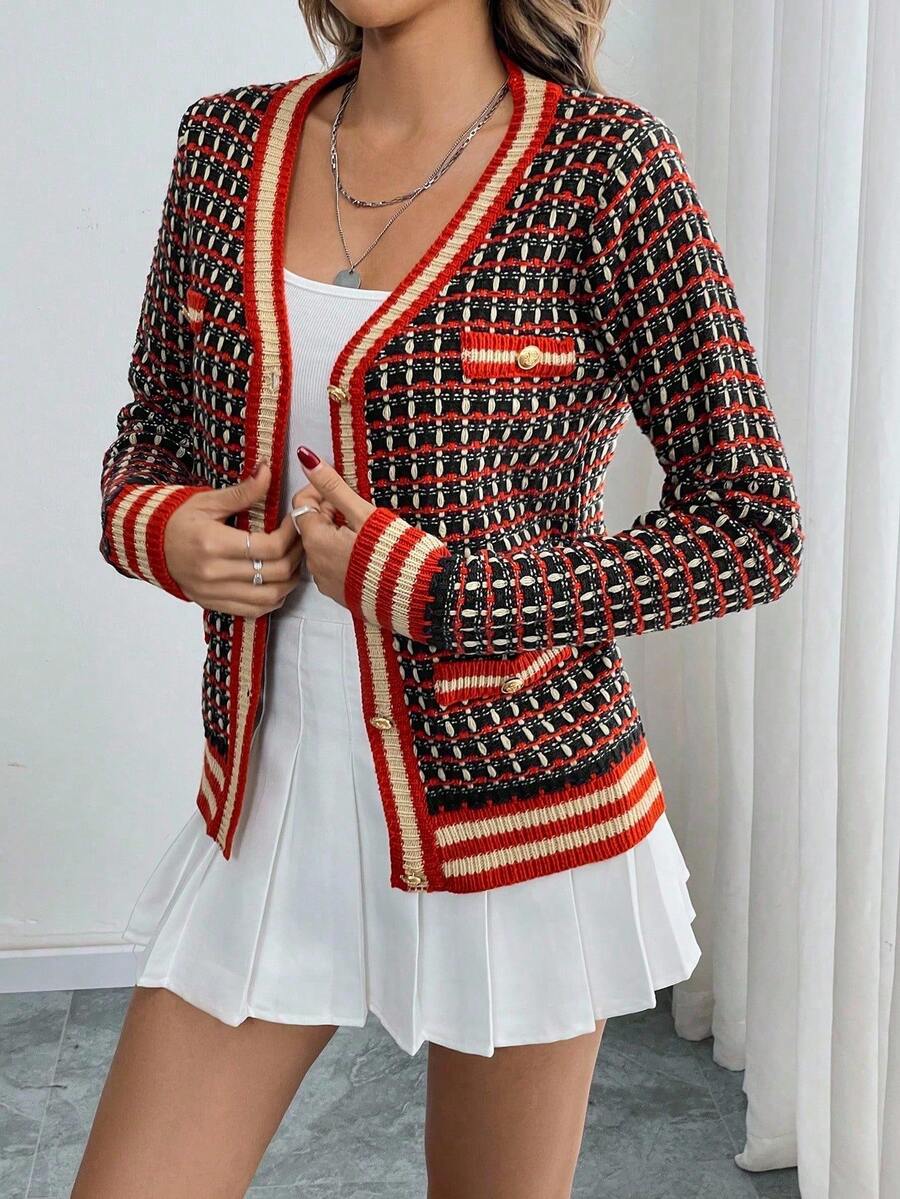 Elenzga 女式撞色休闲针织开衫 - 紅色 - 查看 1