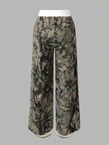 SHEIN Girlism Quần nỉ ống rộng dáng suông thời trang đường phố cho bé gái tuổi teen, họa tiết rằn ri và lá cây, cạp quần tương phản, thích hợp cho mùa đông thu, lễ hội, Halloween, Giáng sinh, Năm mới, quà Giáng sinh. Tuyệt vời cho mặc thường ngày và đi học vào mùa thu và mùa đông. Phù hợp cho mặc hàng ngày mùa thu/đông, phong cách đường phố, ở nhà. - Nhiều màu - Xem 2