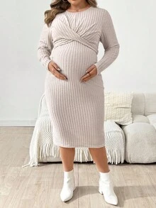 SHEIN Fall Clothes,Autumn Clothes,Maternity Autumn/Winter Clothes Maternity Plus Size Solid Color Round Neck Long Sleeve Cross Design Ribbed Fitted Midi Dress Maternity Dress Long Sleeve Maternity Dress Beige Maternity Dress Knitted Maternity Dress Maternity Knitted Dress Ribbed Maternity Dress Ribbed Knit Dress Pregnancy Clothes Maternity Two Piece Sets Pregnancy Dress With Belt