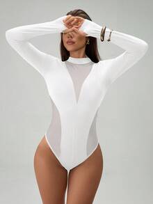 SHEIN Tall Women's Fashion Sheer Mesh Patchwork Long Sleeve Bodysuits White Bodysuit - White - View 6