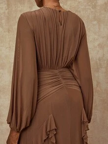 Lumalex Vestido de gasa marrón sólido con volantes en el bajo, elegante y sexy, estilo bohemio de lujo, nueva colección Otoño/Invierno 2025, para fiesta/noche