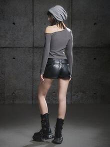 Bloopia 秋季万圣节不对称领字母印花短款针织上衣 - 灰色 - 查看 2