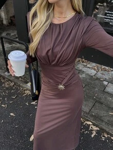 Elyressa Women's Solid Color Round Neck Pleated Elegant Long Sleeve Dress - Brown - View 3