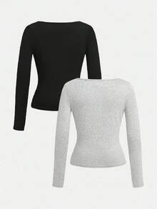 SHEIN Girlism Bộ 2 áo thun dài tay cổ tròn đơn giản, thoải mái dành cho bé gái tuổi teen - Màu Xám nhạt - Xem 2