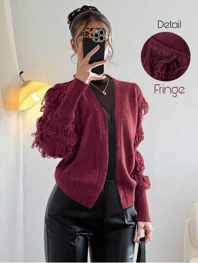 SHEIN PETITE Women's Basic Minimalist Elegant French Style Fringe Loose Knit Cardigan, Long Sleeve