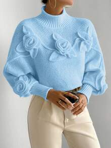 Almamuse Solid Color High Neck 3D Floral Decor Long Sleeve Pullover Sweater - Blue - View 3
