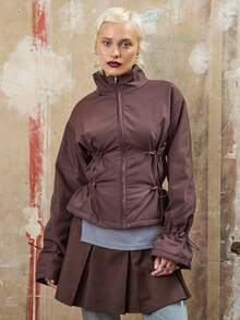 COUREZ Ruched Zip Up Nylon Coat, Y2K  Going Out Spring Chic Streetwear Casual Festivals Coat - Brown - View 7