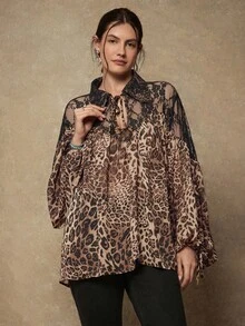 Freevana Áo cánh tay dài trong suốt phối ren họa tiết da báo dành cho nữ - Cà phê nâu - Xem 5