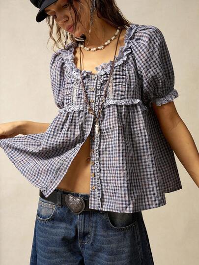 Bohemela 休闲编织格子泡泡短袖V领宽松女式衬衫