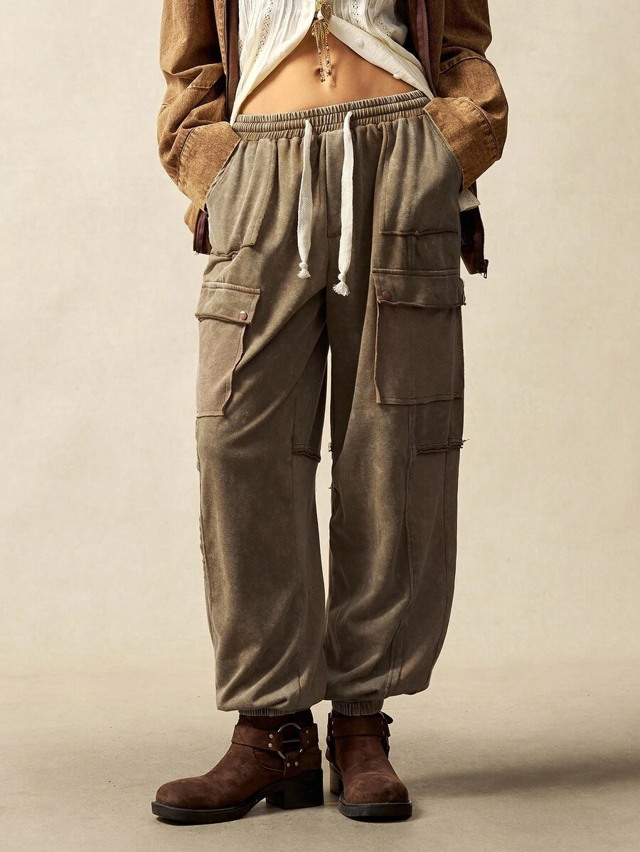 Bohemela Casual Knit Patchwork Wide Leg Tie Waist Women Pants - Brown - View 1