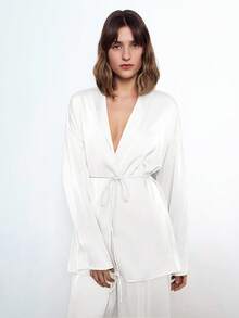 Maija Bộ đồ thu 2025 cho nữ, áo cardigan tay dài buộc dây phía trước bằng vải satin vân chéo màu trơn và quần co giãn cạp chun, phù hợp mặc trong lễ hội âm nhạc, tiệc tùng, công sở, trang phục công sở, áo cánh thanh lịch - trắng - Xem 6