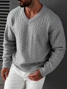 Manfinity Homme Men's Fashion Casual Cable V-Neck Long Sleeve Knit Sweater, Fall/Winter - Light Grey - View 6
