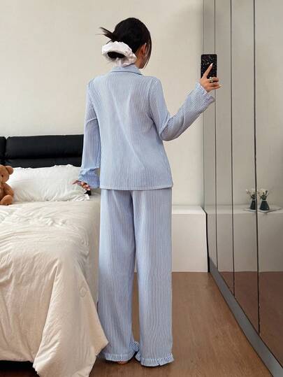 Bubble Textured Gestreepte Top Pants Pajama Set Night Wing Two Pieces Sleepwear Sleep Wear Women Blauw Pyjama Woman Verlichting Pj Set, Fall Clothes view 2