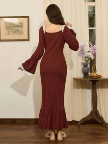 Côtesoire 法式优雅蕾丝拼接宽松腰身睡裙，复古家居服，冬季款 - 棕色 - 查看 2