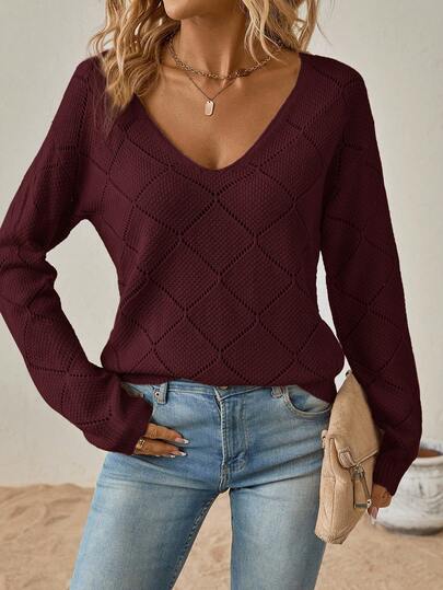 SHEIN Clasi Women's Solid Color V-Neck Drop Shoulder Long Sleeve Casual Hollow Out Sweater, Autumn/Winter,Cozy Fall And Winter Clothes For Women,Fall,Fall Clothes For Women