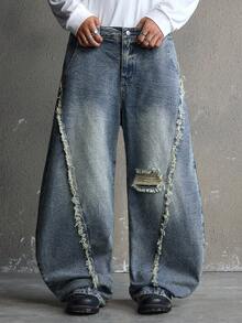 AXEPEAK 男士水洗宽松休闲弯刀设计长裤 - 藍色 - 查看 4